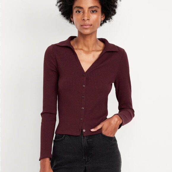 OLD NAVY Slim Ribbed Button-Down Top - Picture 1 of 7